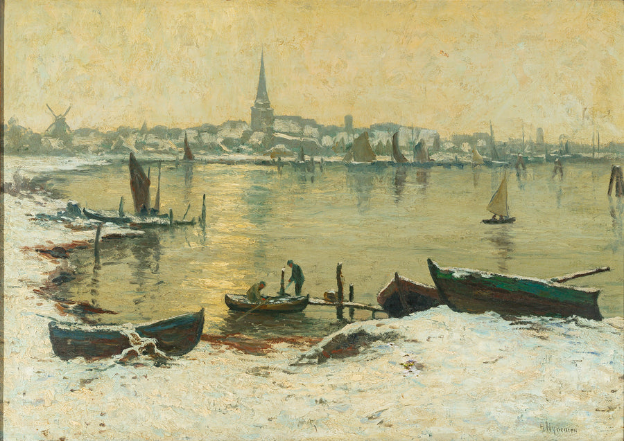 Herman N. Hyneman (Dutch 1859-1907) Winter Harbour Scene With Boats