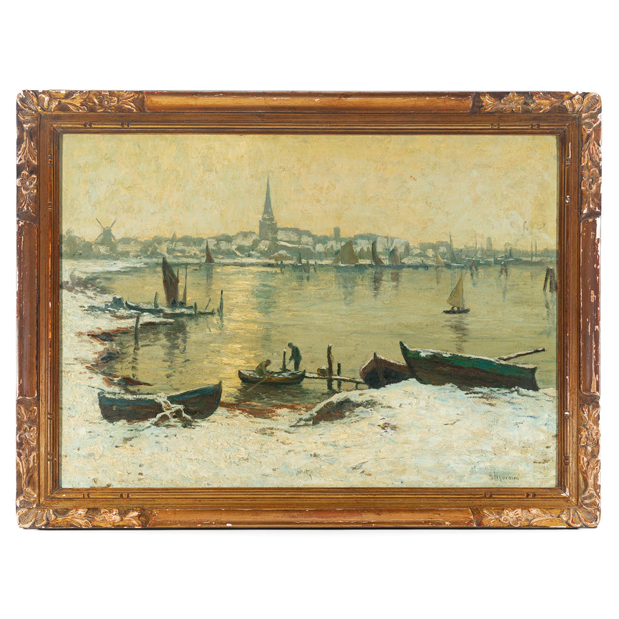 Herman N. Hyneman (Dutch 1859-1907) Winter Harbour Scene With Boats