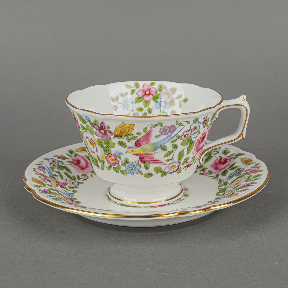 ROYAL CROWN DERBY Cup & Saucer A454 Hand Painted Flowered Border And Centre