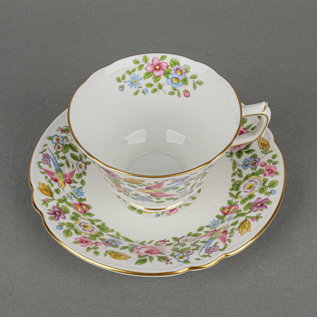 ROYAL CROWN DERBY Cup & Saucer A454 Hand Painted Flowered Border And Centre