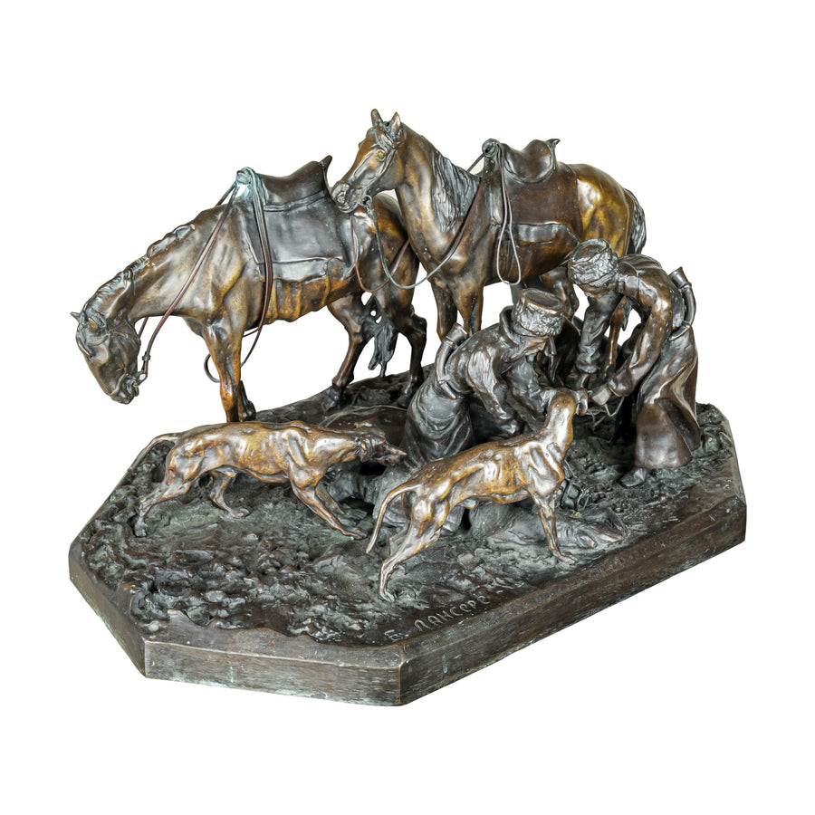 Evgeny Alexandrovitch Lanceray (1848-1886) Cossacks Capturing Bear - Cast Bronze Figural Grouping