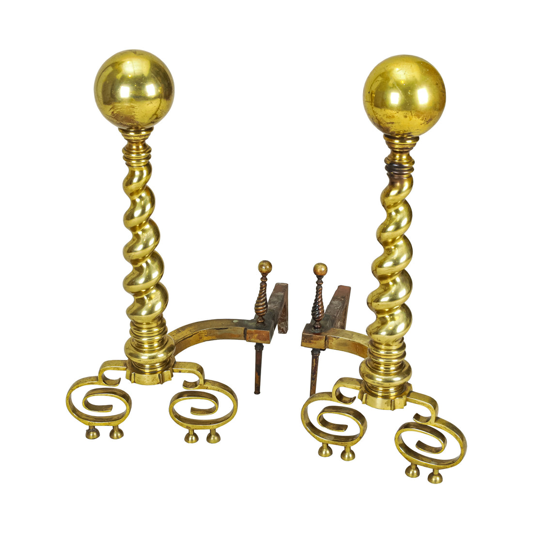 Vintage Large Brass Cannonball & Barley Twist Andirons Set of 2