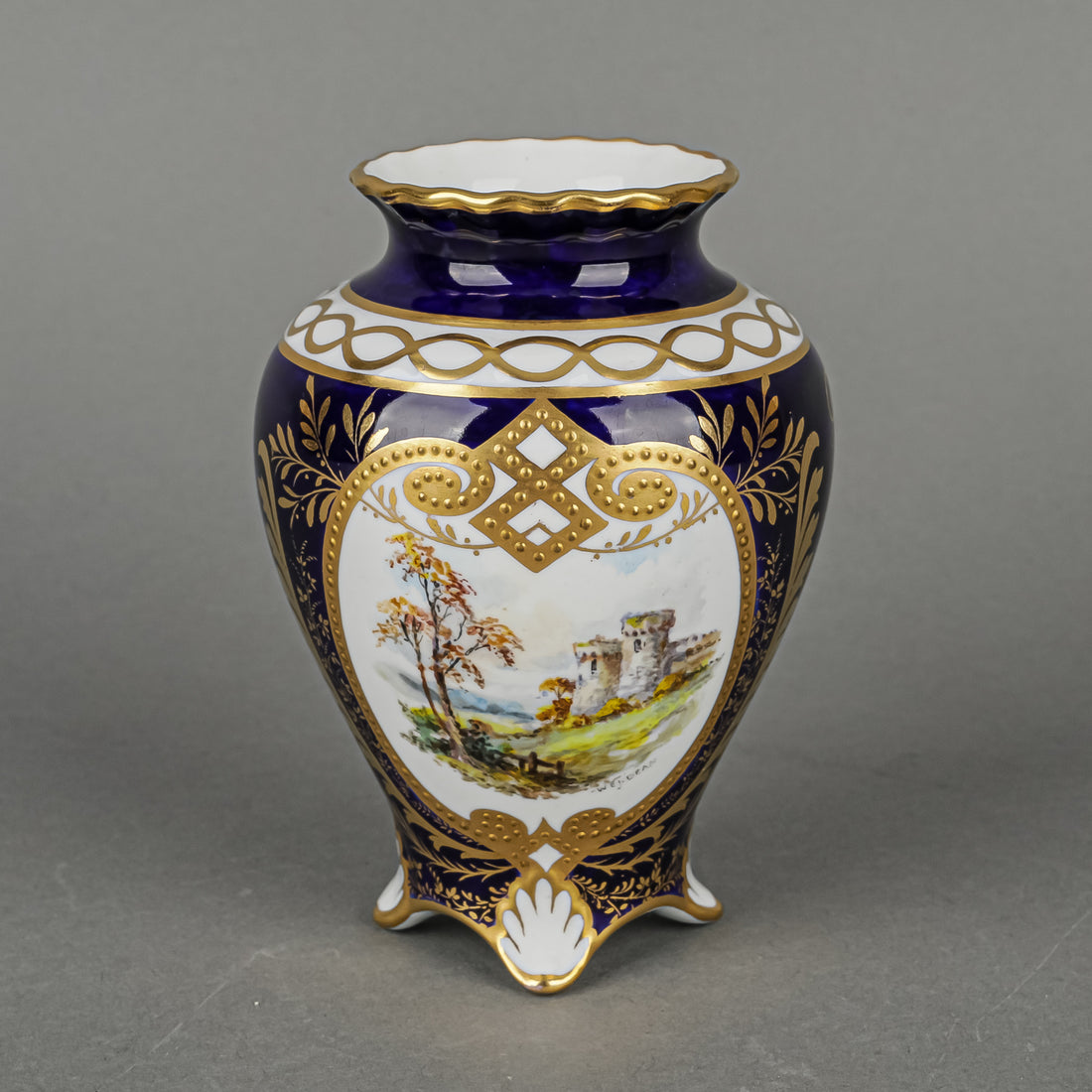 ROYAL CROWN DERBY Hand Painted Panel Footed Cabinet Vase