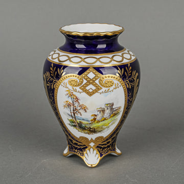 ROYAL CROWN DERBY Hand Painted Panel Footed Cabinet Vase