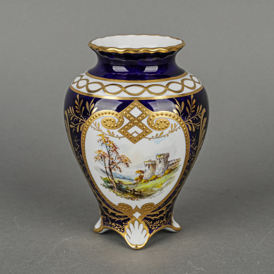 ROYAL CROWN DERBY Hand Painted Panel Footed Cabinet Vase