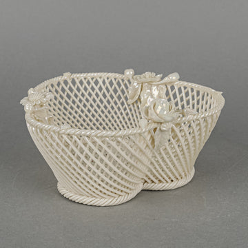 BELLEEK Basketweave Open Work Basket With Rose Appliques