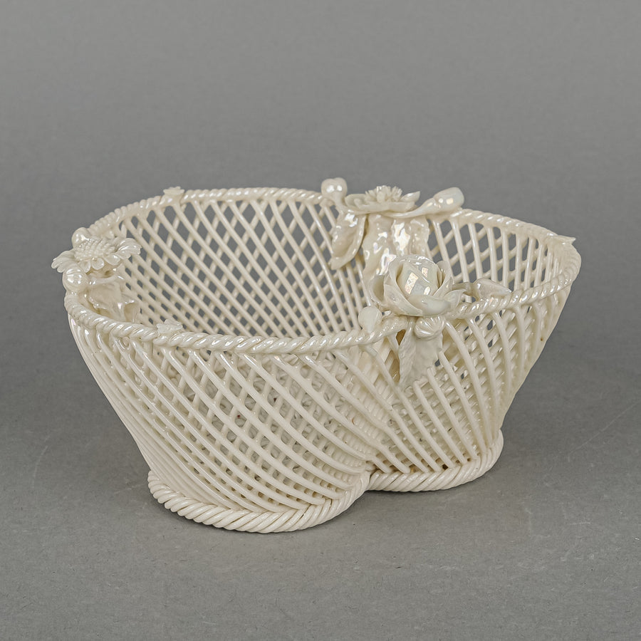 BELLEEK Basketweave Open Work Basket With Rose Appliques