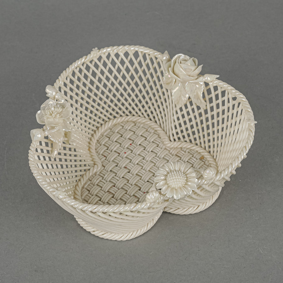 BELLEEK Basketweave Open Work Basket With Rose Appliques