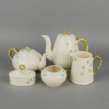 BELLEEK Shamrock Basketweave Coffee & Tea Service 8 Pieces