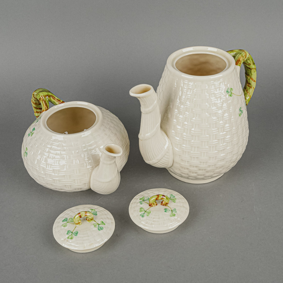 BELLEEK Shamrock Basketweave Coffee & Tea Service 8 Pieces