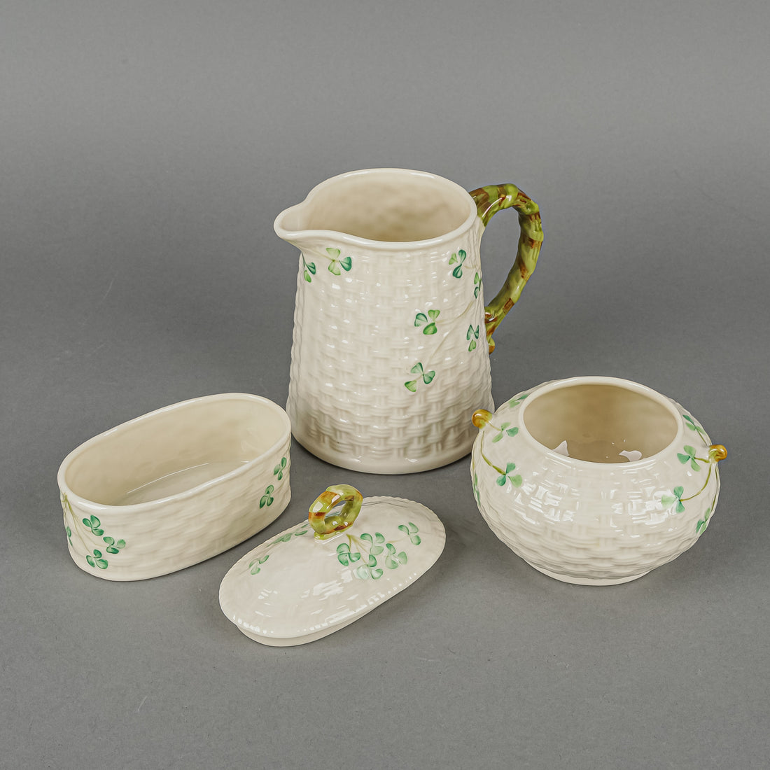 BELLEEK Shamrock Basketweave Coffee & Tea Service 8 Pieces