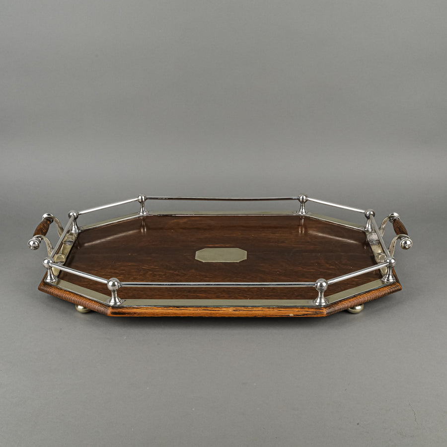 Vintage Oak & Silverplate Mounted Gallery Tray