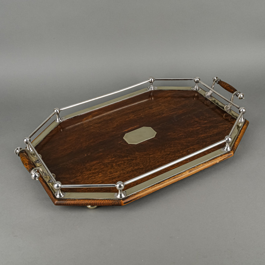 Vintage Oak & Silverplate Mounted Gallery Tray