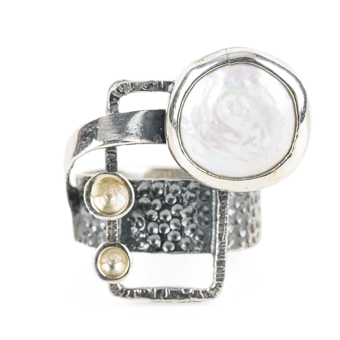 Sterling Textured Bezel Set Button Pearl Modernist Ring