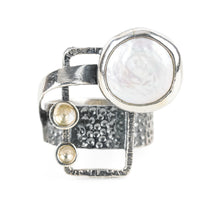 Sterling Textured Bezel Set Button Pearl Modernist Ring