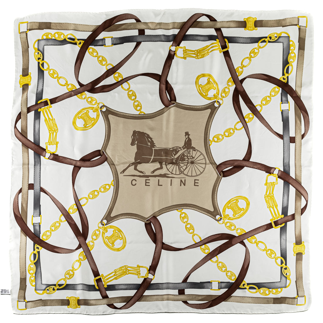 CELINE Vintage Equestrian/Carriage Motif Silk Scarf