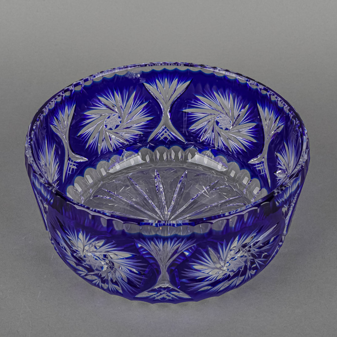 Crystal Blue Cased Cut To Clear Pinwheel Bowl