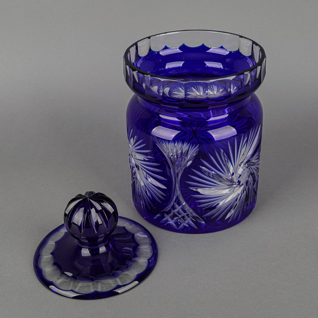 Crystal Blue Cased Cut To Clear Pinwheel Biscuit Barrel