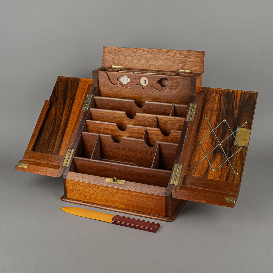 Vintage Walnut Wood Letter/Stationery Organizer Cabinet With Key