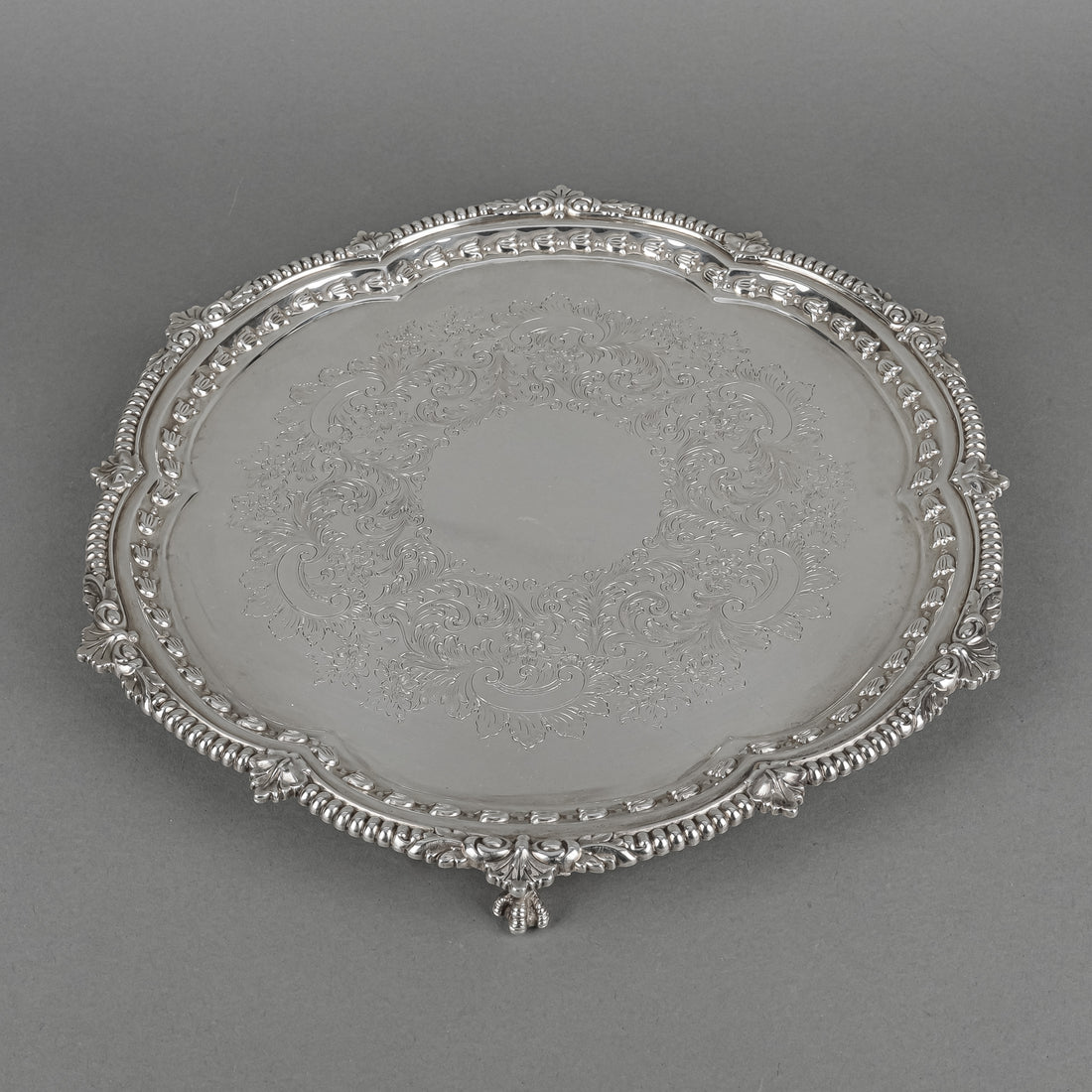 CHARLES HOWARD COLLINS Chased & Engraved Silver Plate Footed Tray