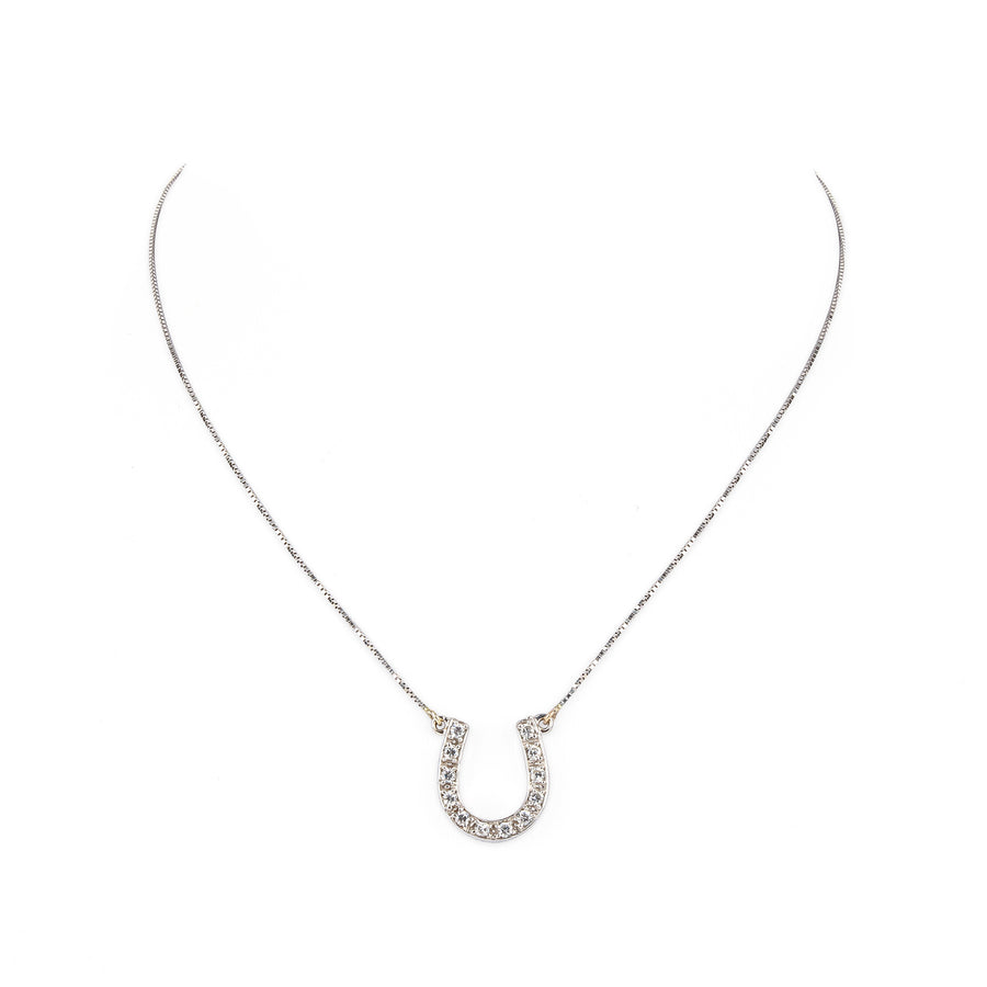 14K White Gold Cubic Zirconia Horseshoe Pendant Necklace