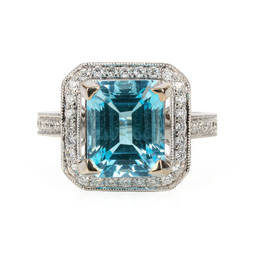 14K White Gold Emerald Cut Blue Topaz & Diamond Ring