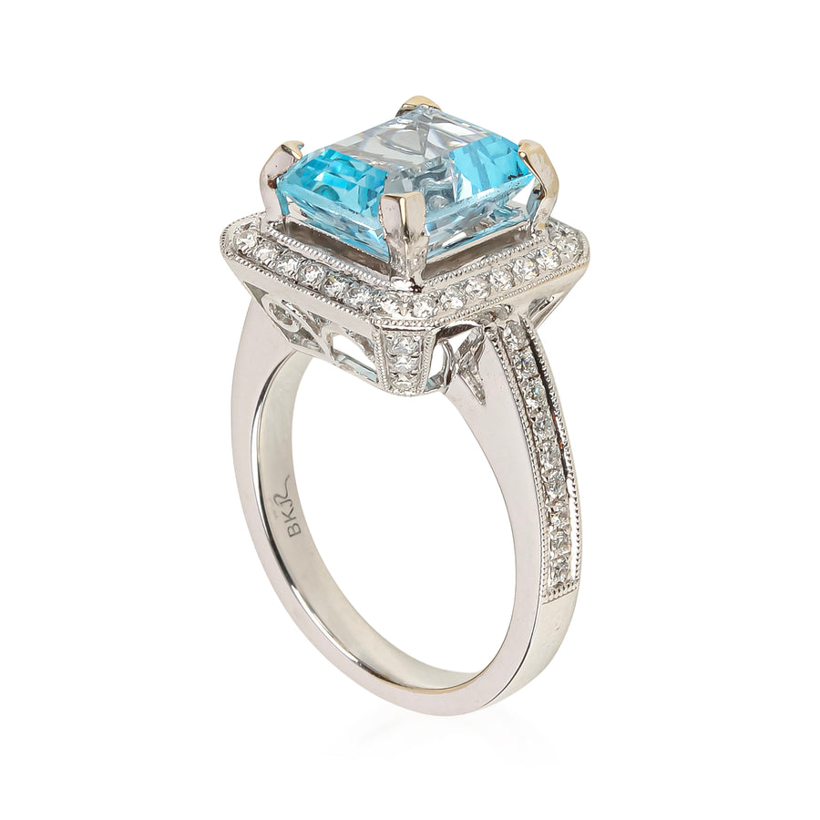 14K White Gold Emerald Cut Blue Topaz & Diamond Ring