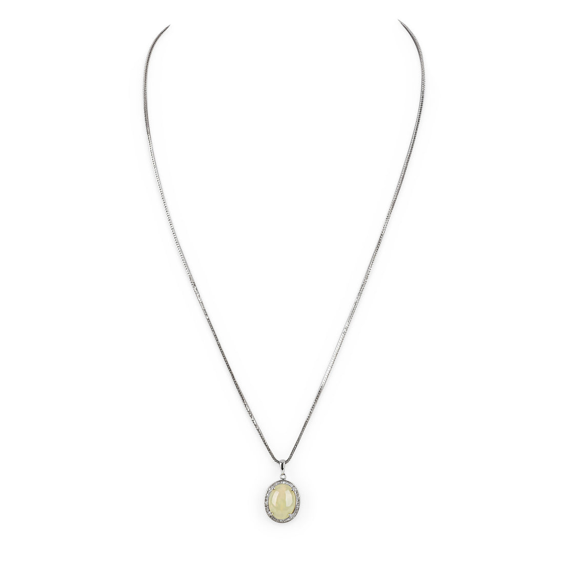 14K White Gold Opal & Diamond Halo Pendant Necklace