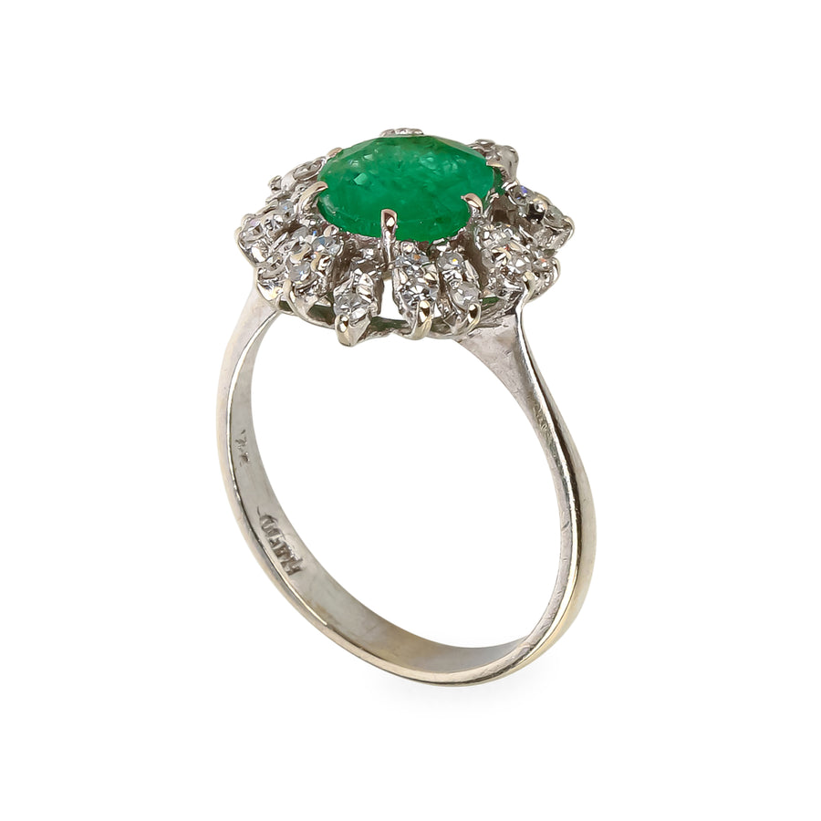 14K White Gold Oval Emerald & Diamond Cluster Ring