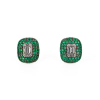 14K White Gold Pavé Emerald & Diamond Stud Earrings