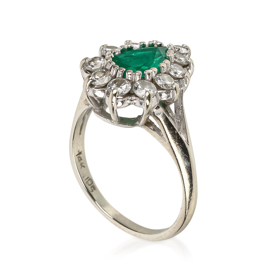 14K White Gold Pear Shaped Emerald & Diamond Cluster Ring