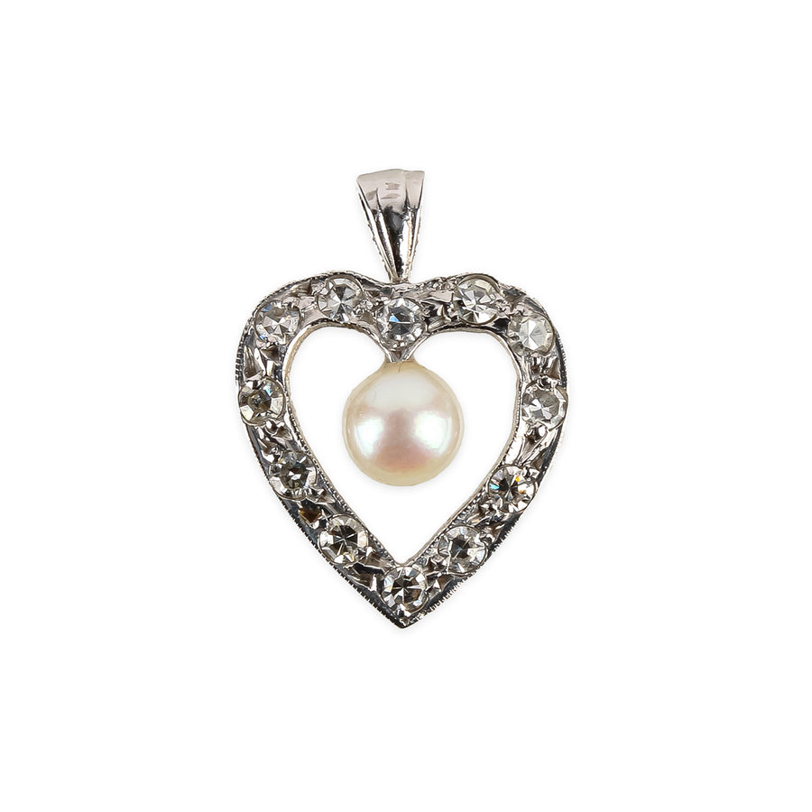 14K White Gold Pearl & Diamond Heart Pendant