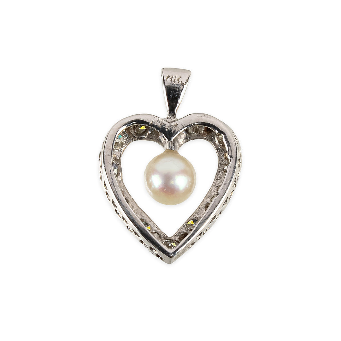 14K White Gold Pearl & Diamond Heart Pendant