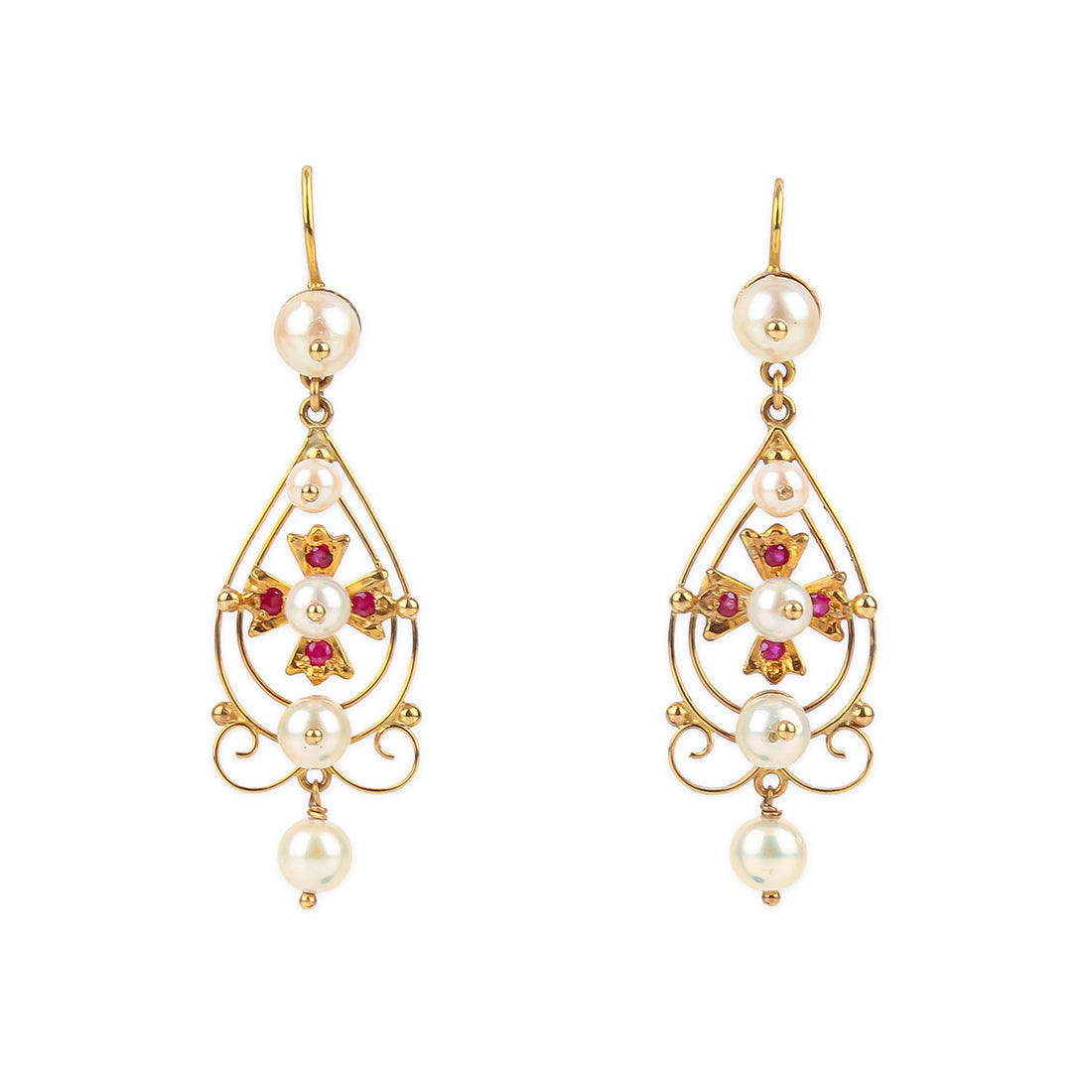 14K Yellow Gold 5-Pearl & Ruby Drop Earrings