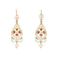 14K Yellow Gold 5-Pearl & Ruby Drop Earrings