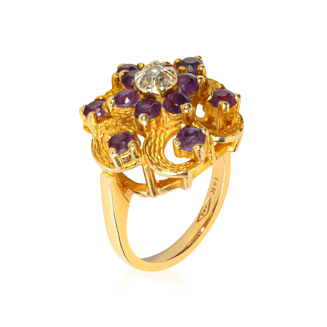 14K Yellow Gold Amethyst & Diamond Flower Ring