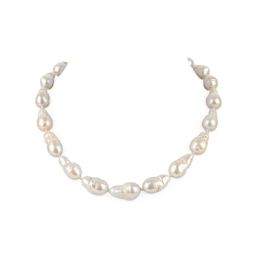 14K Yellow Gold Ball Clasp White Baroque Freshwater Pearl Necklace