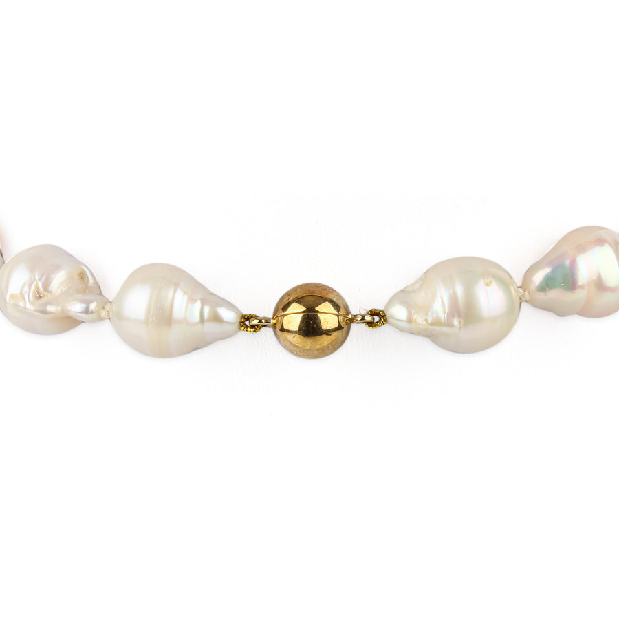 14K Yellow Gold Ball Clasp White Baroque Freshwater Pearl Necklace