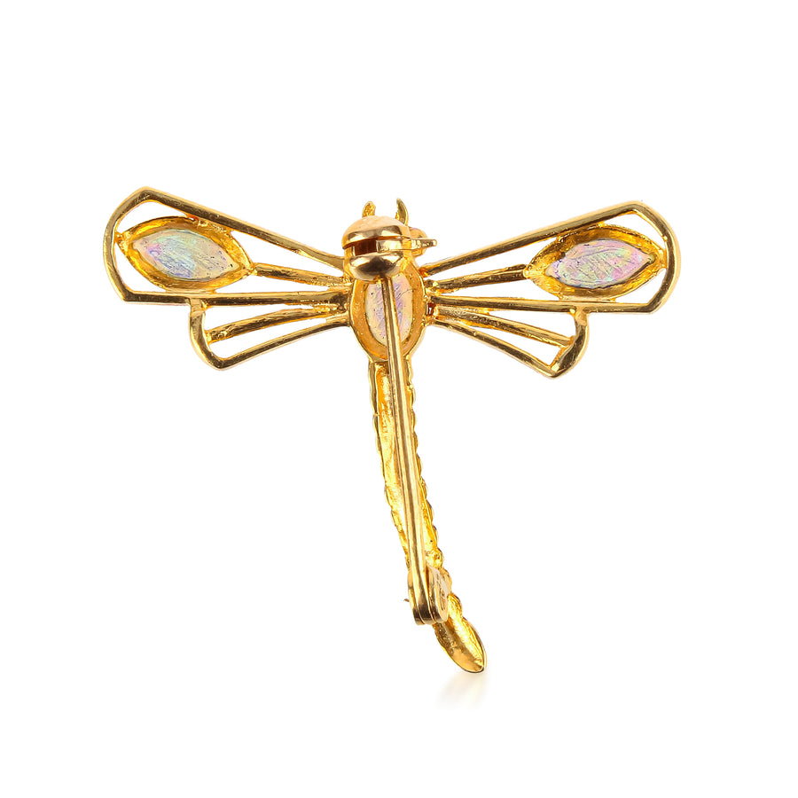 14K Yellow Gold Cabochon Opal Dragonfly Brooch