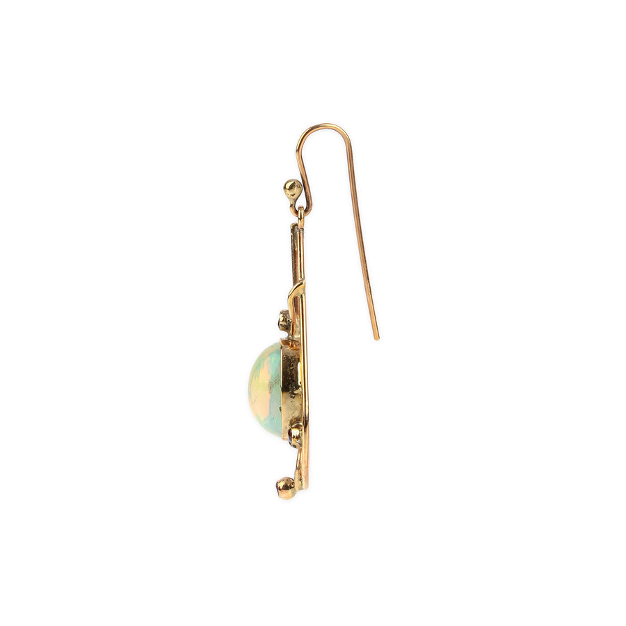14K Yellow Gold Cabochon Opal & Ruby Drop Earrings