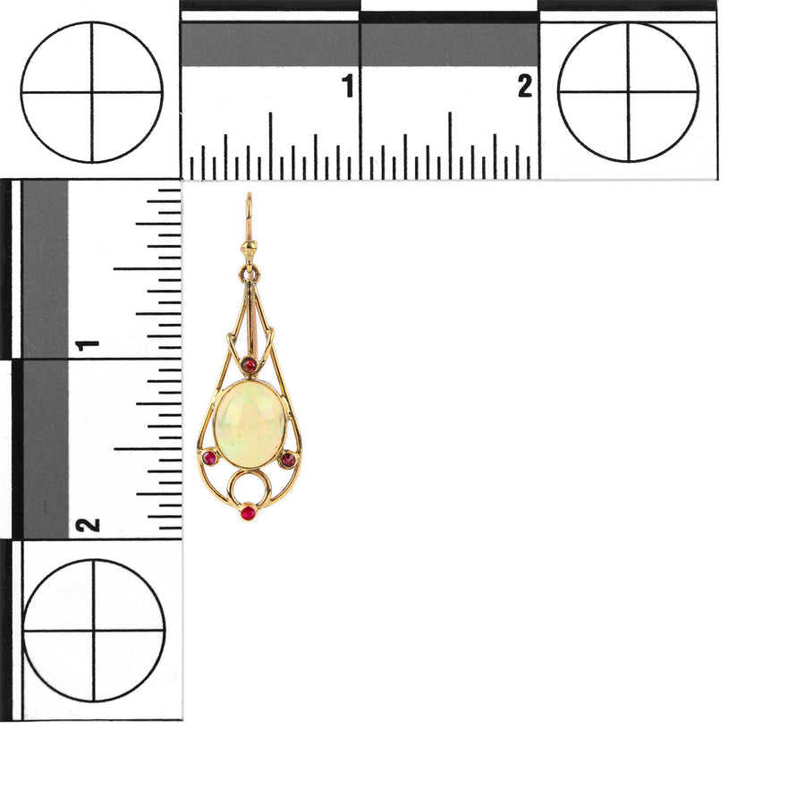14K Yellow Gold Cabochon Opal & Ruby Drop Earrings