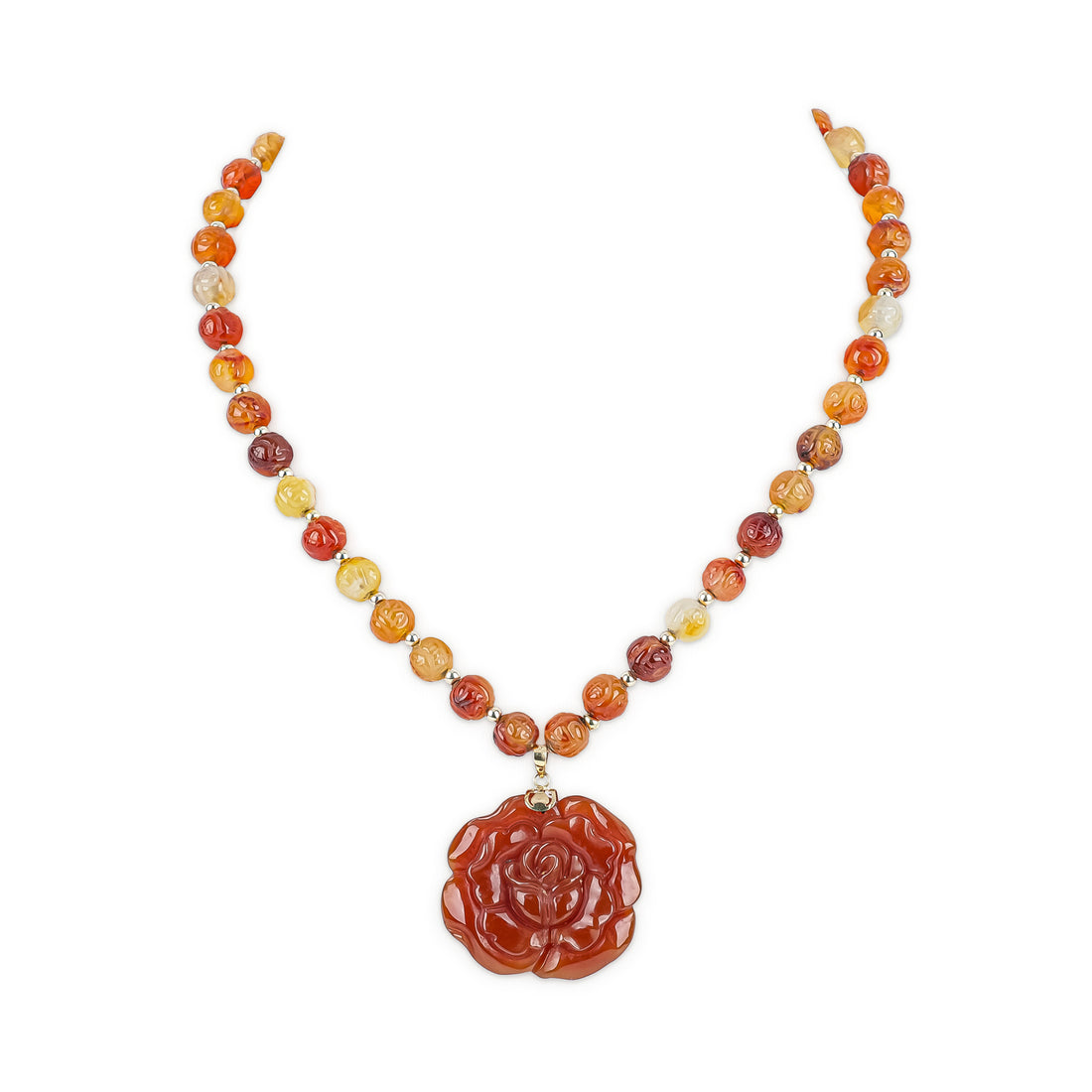14K YG Carved Carnelian Bead Flower Pendant Necklace