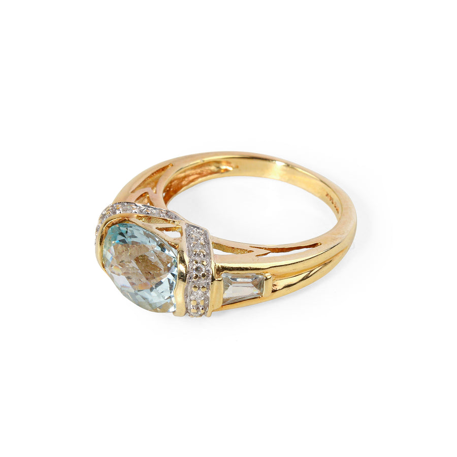 14K Yellow Gold Horizontal Oval Aquamarine & Diamond Ring