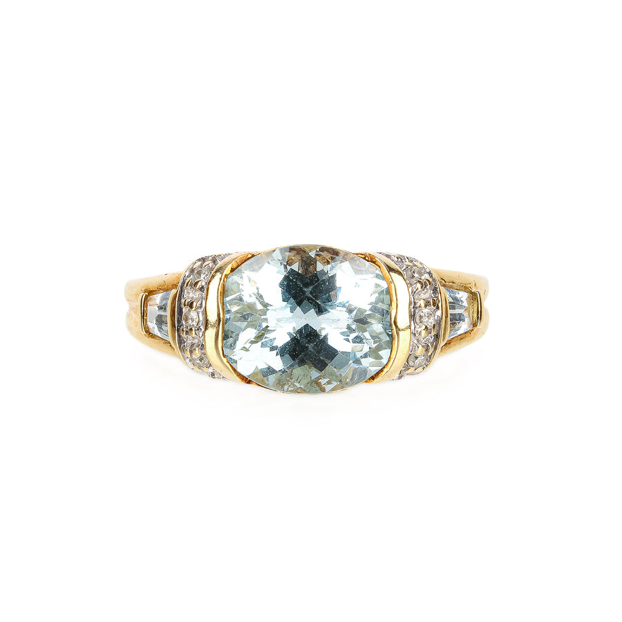 14K Yellow Gold Horizontal Oval Aquamarine & Diamond Ring