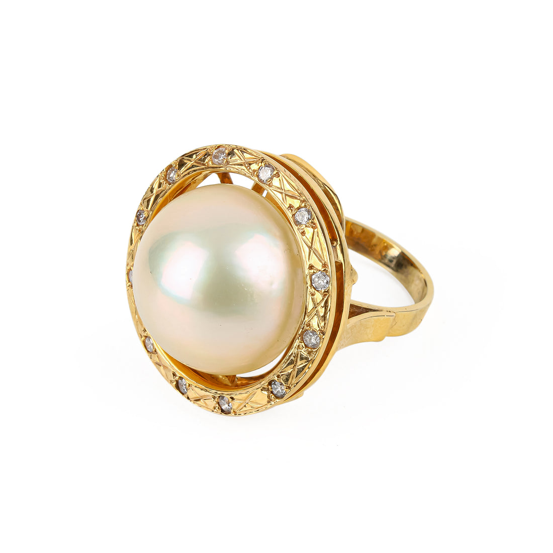 14K Yellow Gold Mabe Pearl Diamond Halo Ring