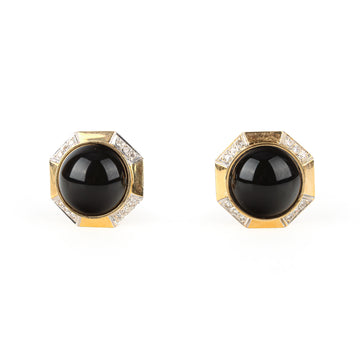 14K Yellow Gold Onyx & Diamond Octagonal Omega Earrings