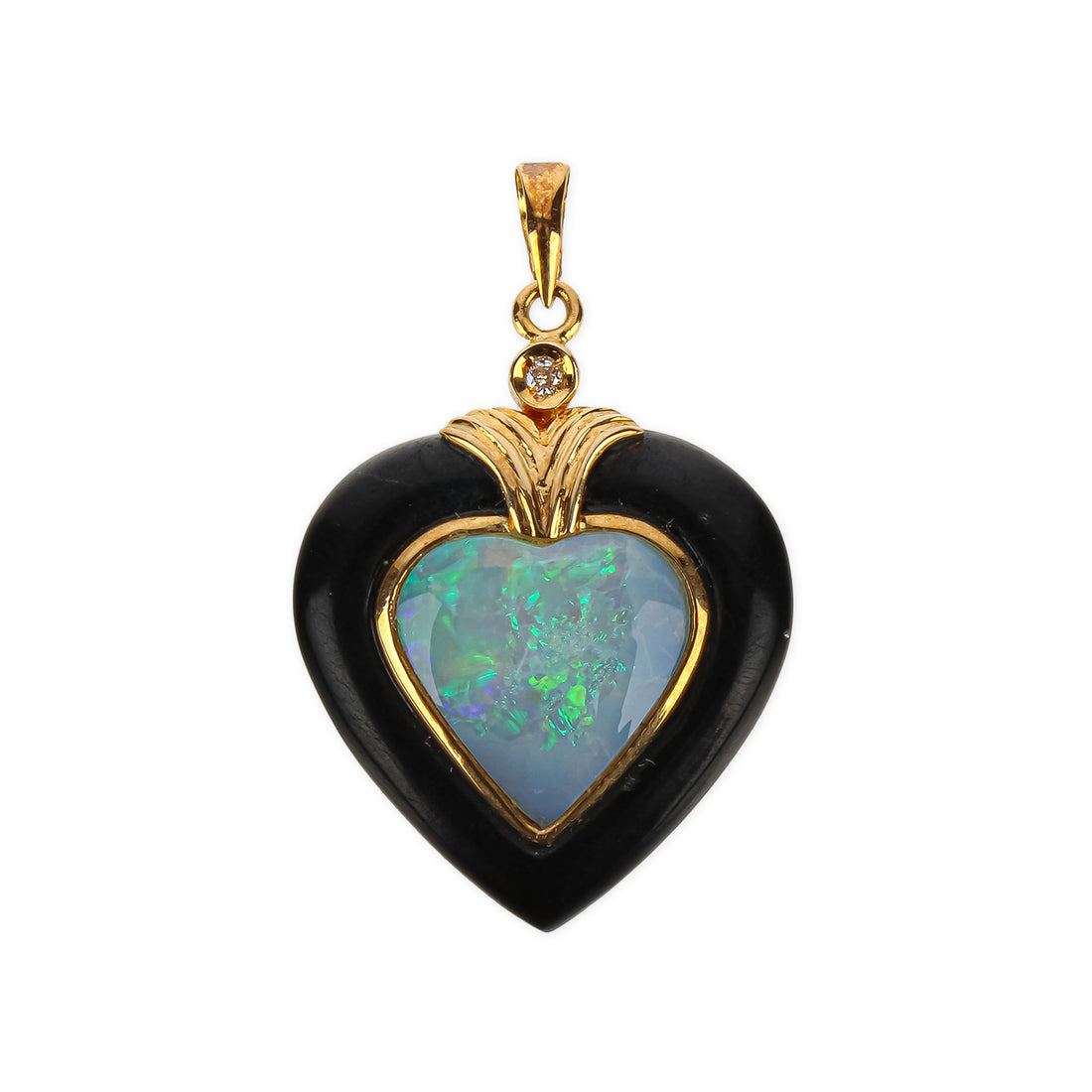 14K Yellow Gold Onyx, Opal, & Diamond Heart Pendant