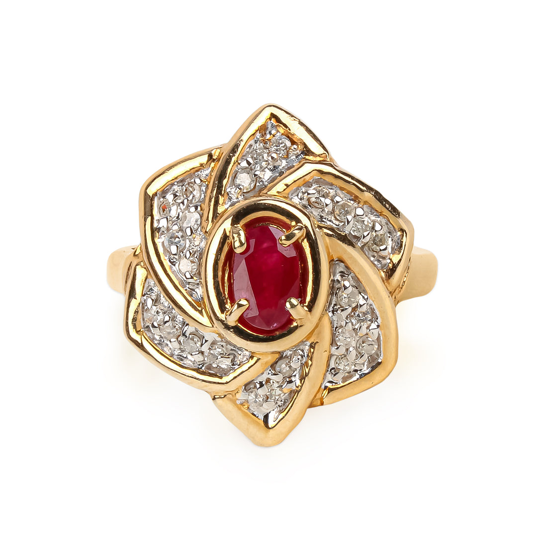 14K Yellow Gold Oval Ruby & Diamond Flower Ring