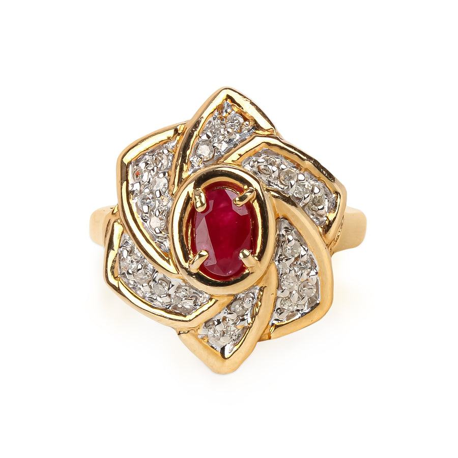 14K Yellow Gold Oval Ruby & Diamond Flower Ring