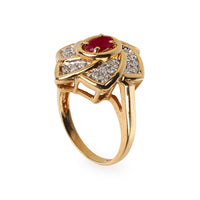 14K Yellow Gold Oval Ruby & Diamond Flower Ring
